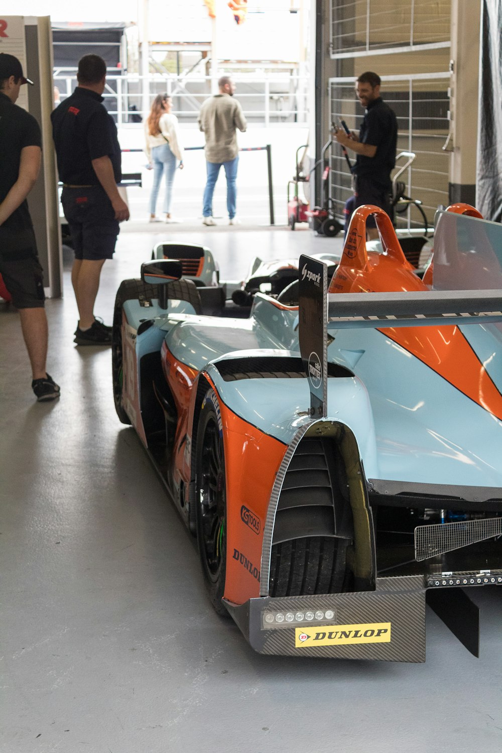 a race car parked in a building