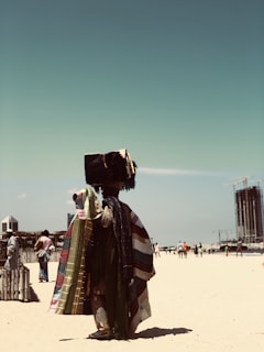 a person in a garment on a beach