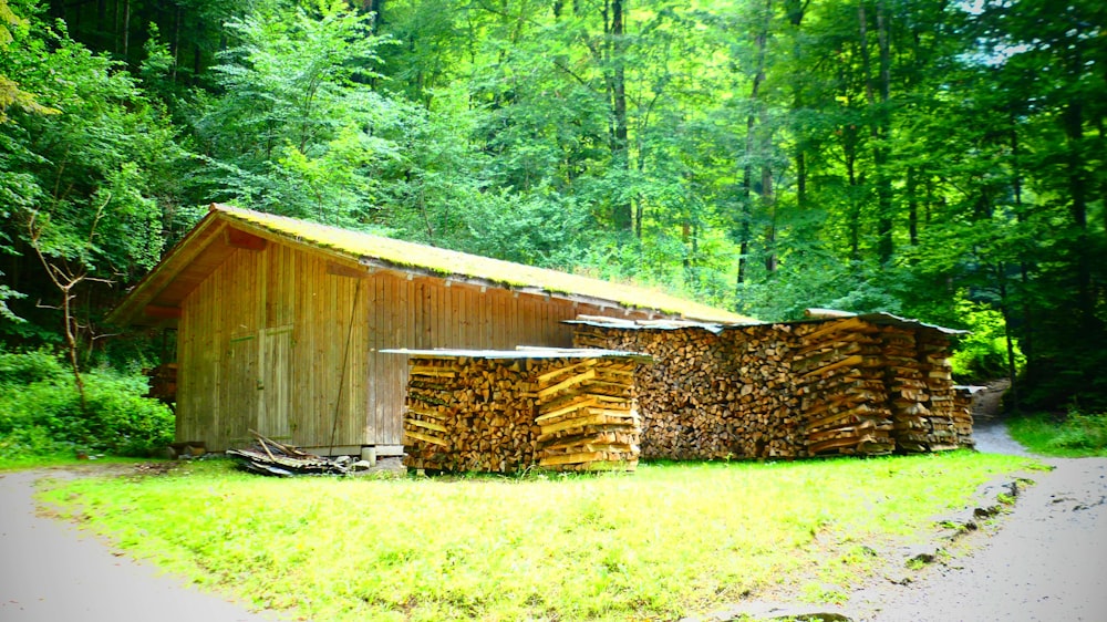 a wood building with a roof