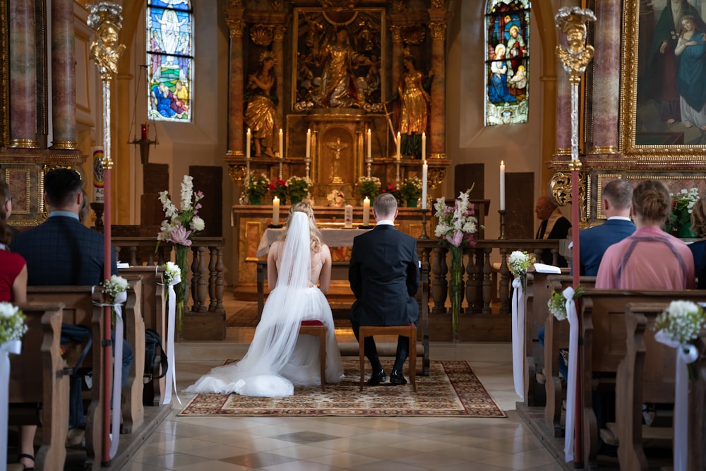 a bride and groom in a church
