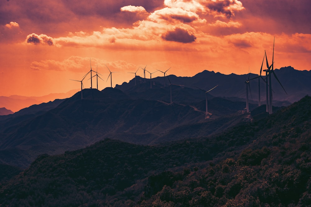 a group of wind turbines on a hill