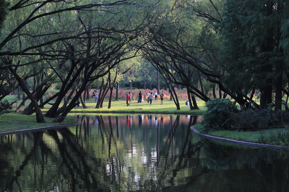 a group of people walking along a river