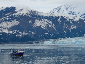 A fishing boat floats on a calm, icy body of water surrounded by snow-covered mountains. The background features rugged, towering peaks with a large glacier visible along the shoreline.