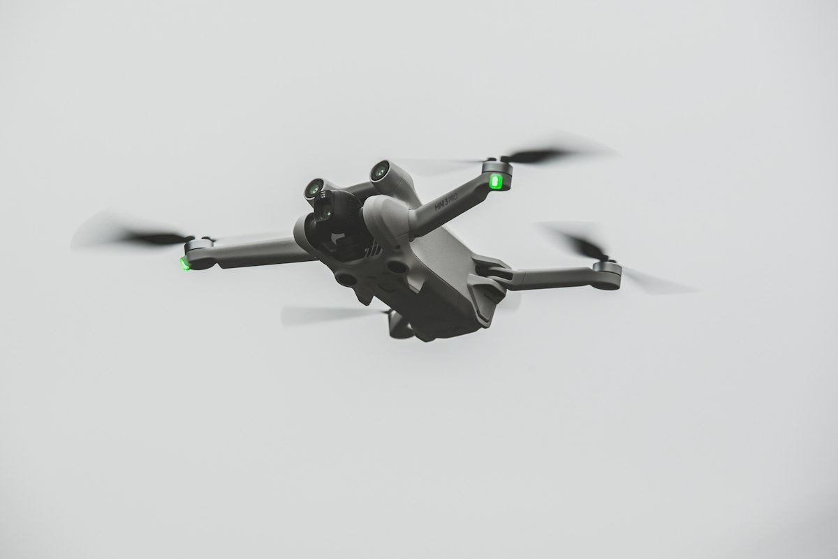 Camera drone in flight, used for roof inspections