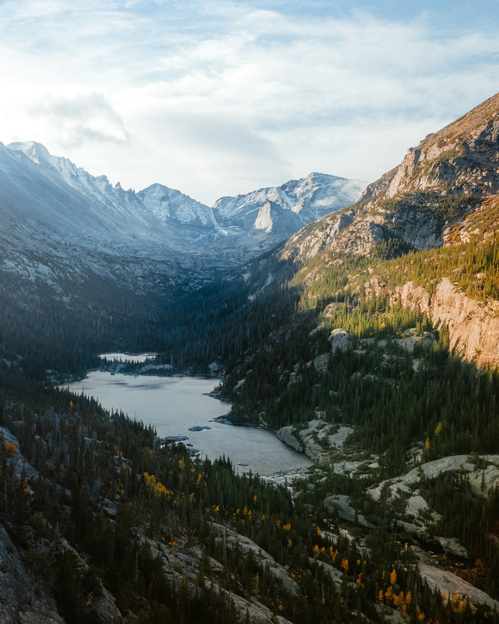 a river running through a valley between mountains