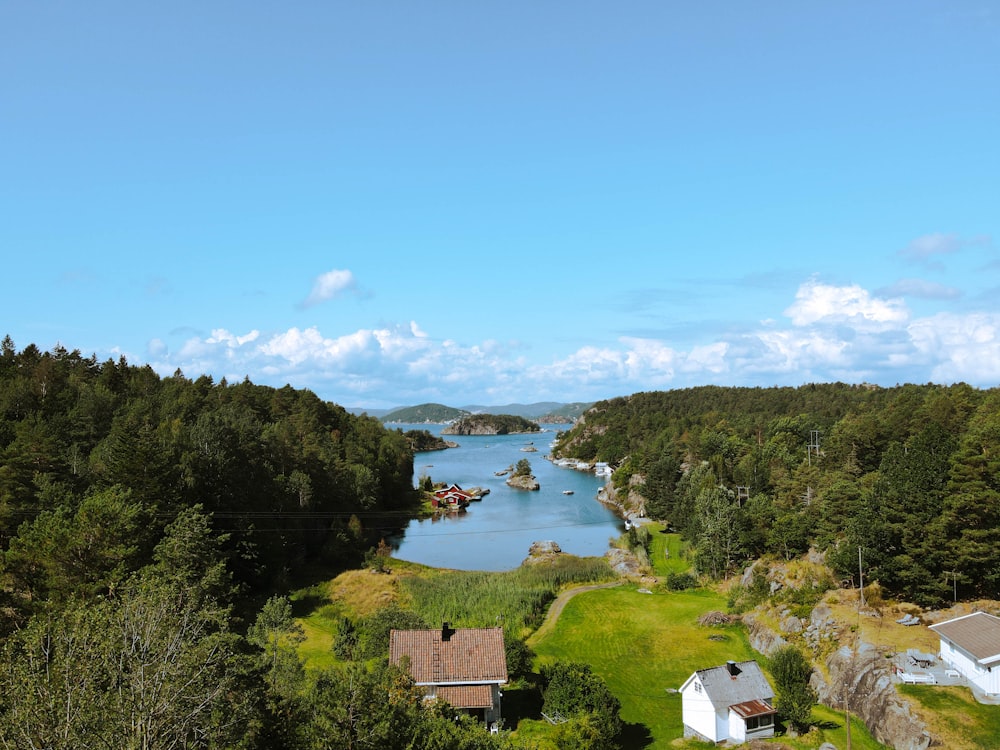 a body of water surrounded by trees and hills