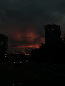 Still frame from a cinematic video project showing a moody urban scene at dusk.