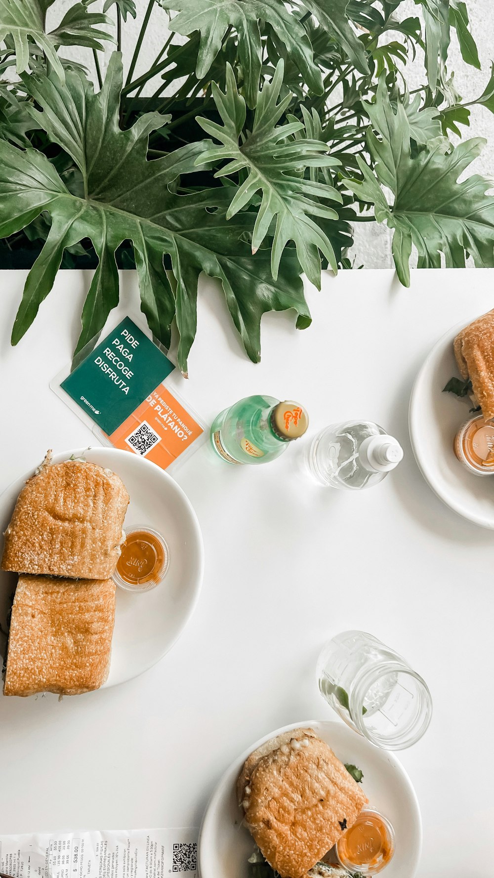 a table with food and a plant