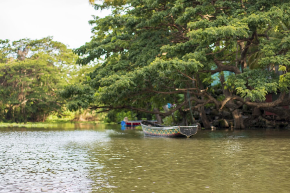 a couple of boats sit in a river