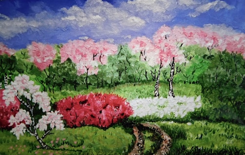 A vibrant watercolor painting of a blooming garden in spring.