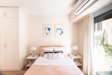 a bedroom with a bed and lamps
