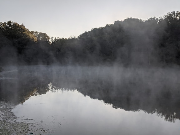A mist swirling over a still, dark lake under a moonlit sky.