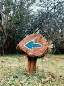 A close-up of a weathered wooden signpost pointing toward a Yowie sighting spot surrounded by dry grass.
