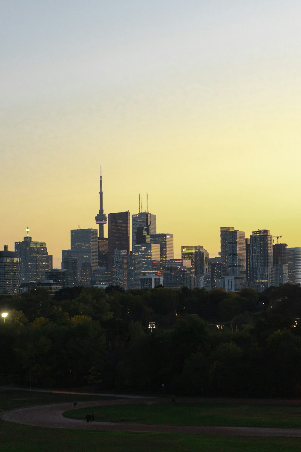 a city skyline with trees and grass