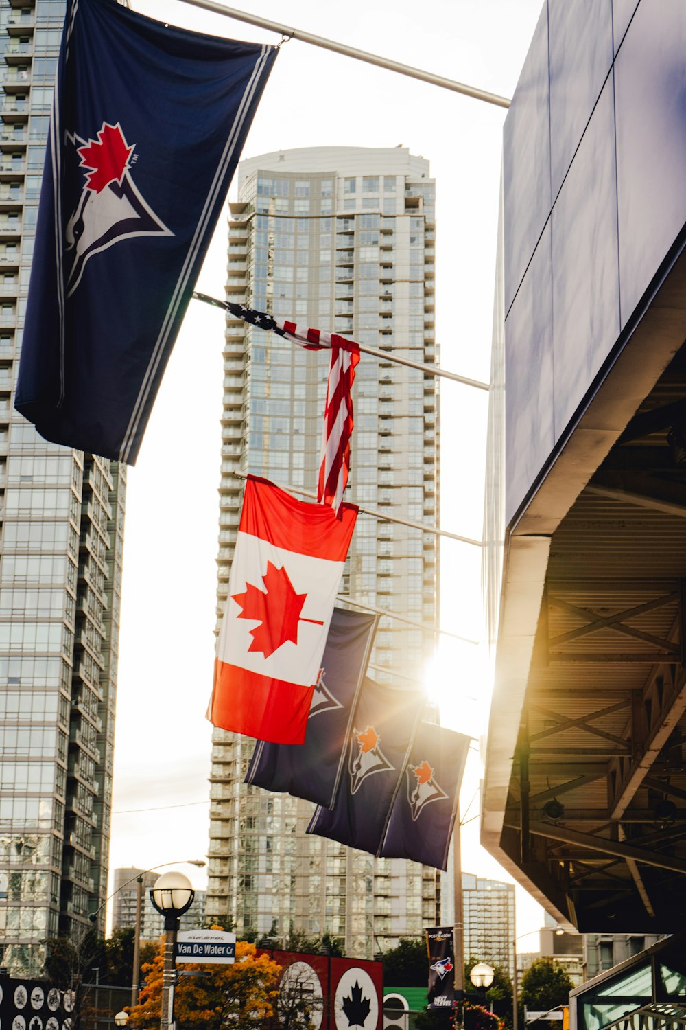 a group of flags on a pole