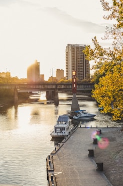 a bridge over a river with boats