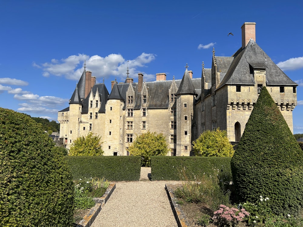 um grande castelo com um jardim em frente a ele com o Château de Langeais ao fundo