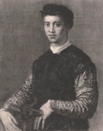 A detailed portrait of an individual with a serene expression, dressed in a dark, ornate garment with intricate patterns on the sleeves. The person holds an animal, likely a small dog, with one hand wearing a ring.