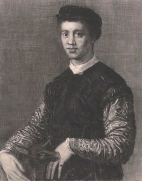 A detailed portrait of an individual with a serene expression, dressed in a dark, ornate garment with intricate patterns on the sleeves. The person holds an animal, likely a small dog, with one hand wearing a ring.