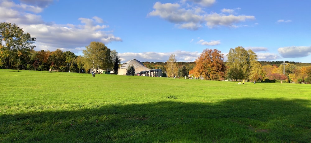 a large green field with trees and buildings in the background