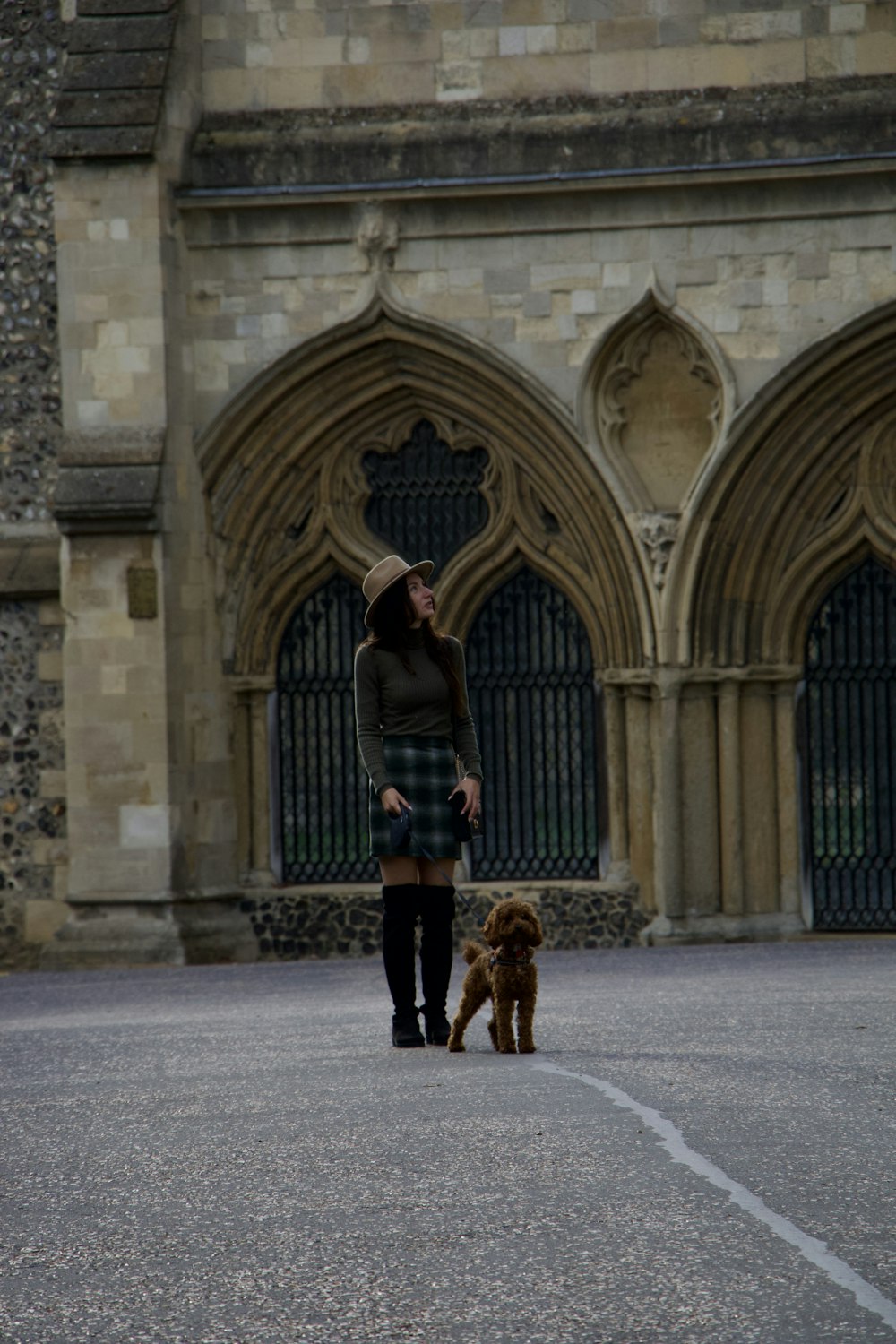 a person standing in front of a gate with a dog in front of the