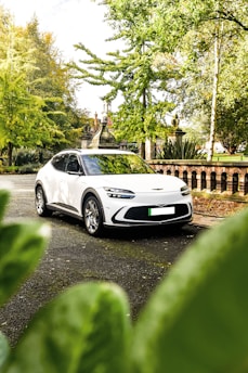 a white car parked on a road
