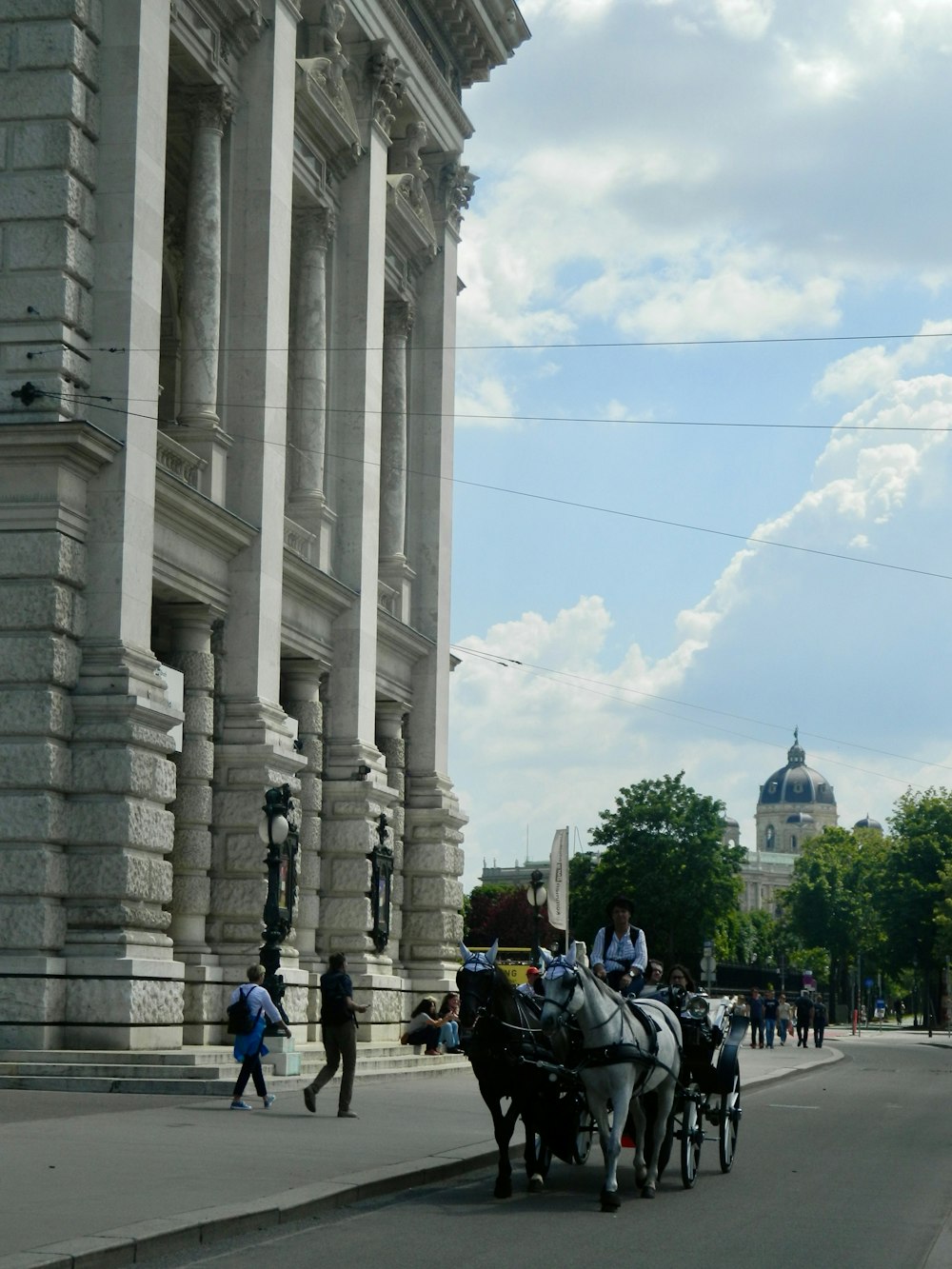 a group of horses pull a carriage