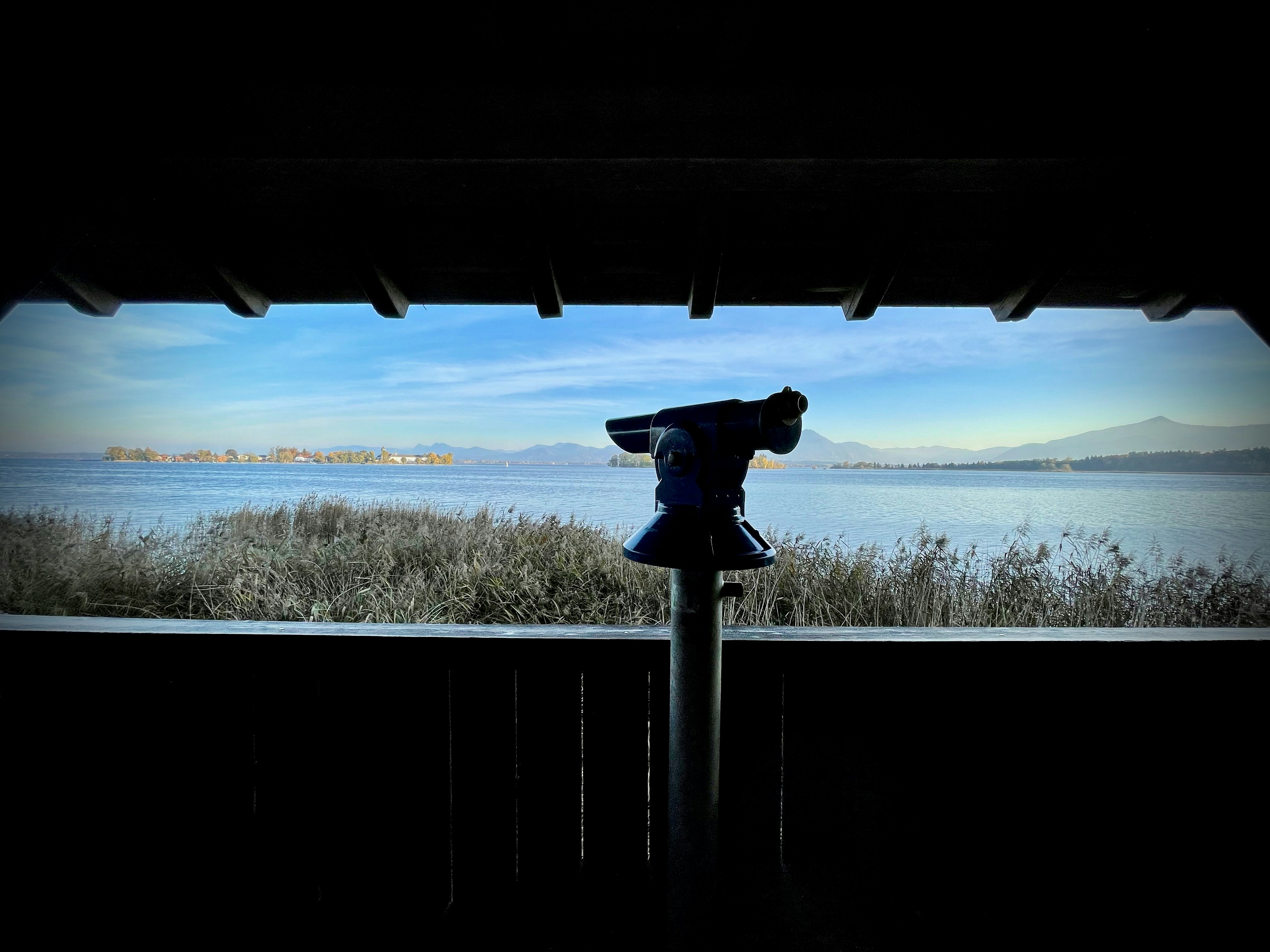 a view of a lake from a window