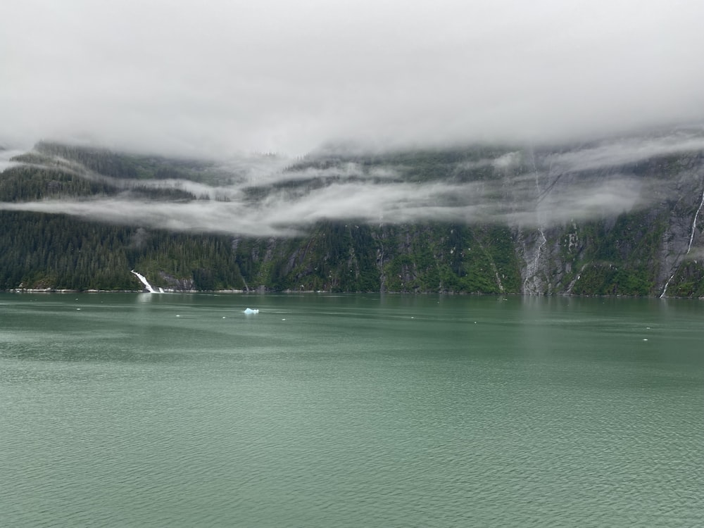 a body of water with trees and mountains in the background