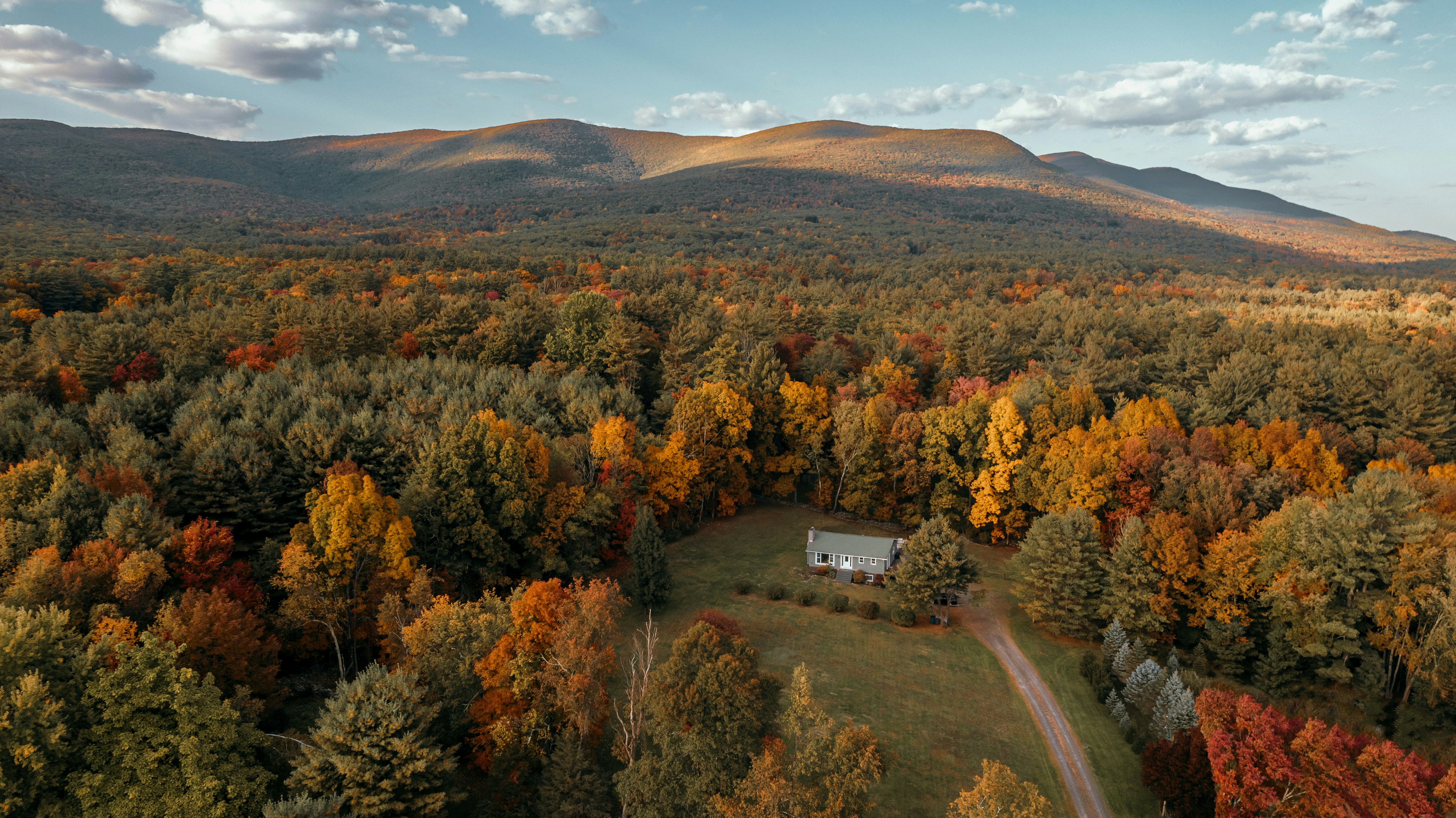 a house surrounded by trees, An autumn afternoon in Kerhonkson NY (IG: @clay.banks)