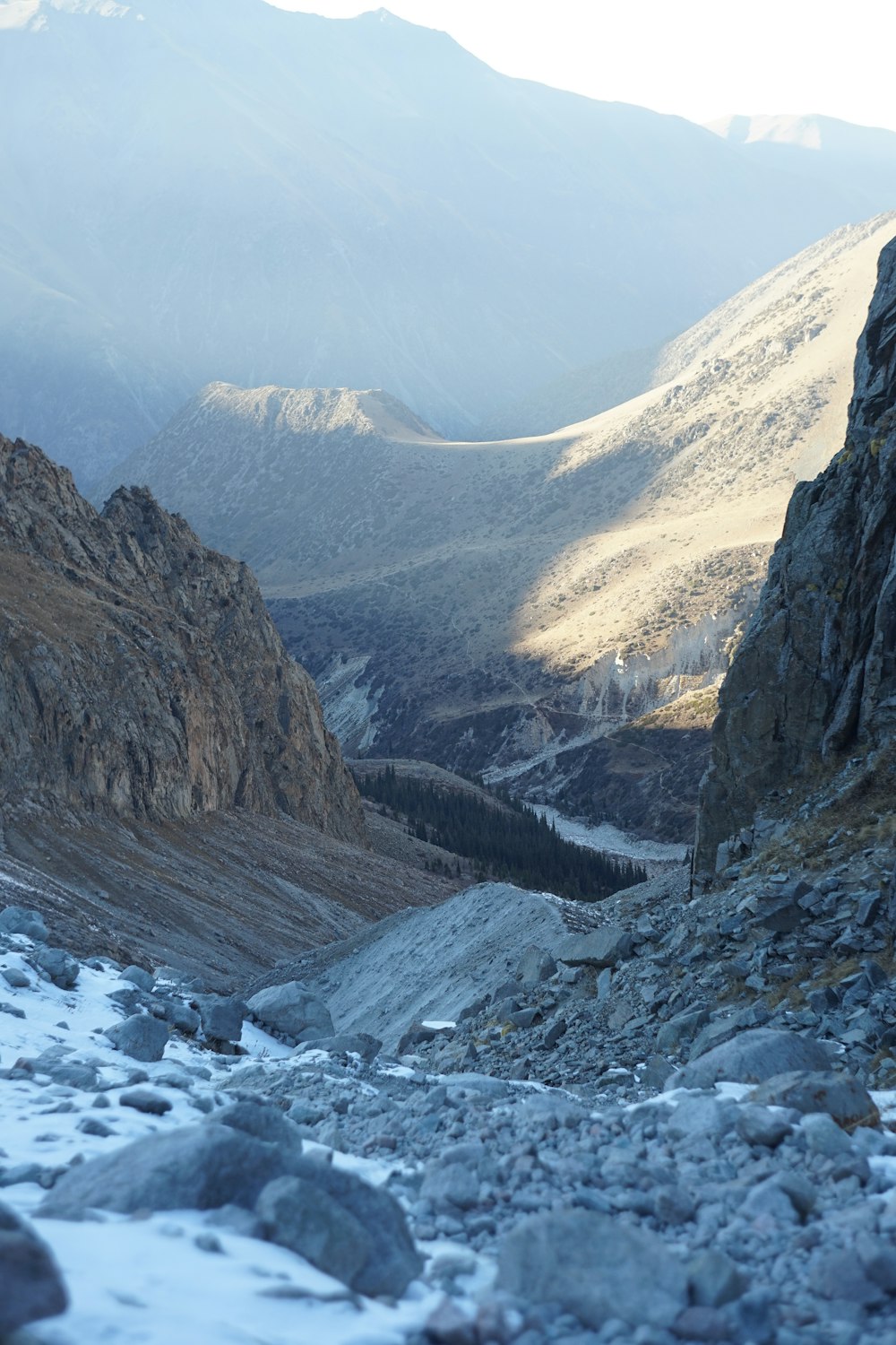 a rocky valley with a river running through it