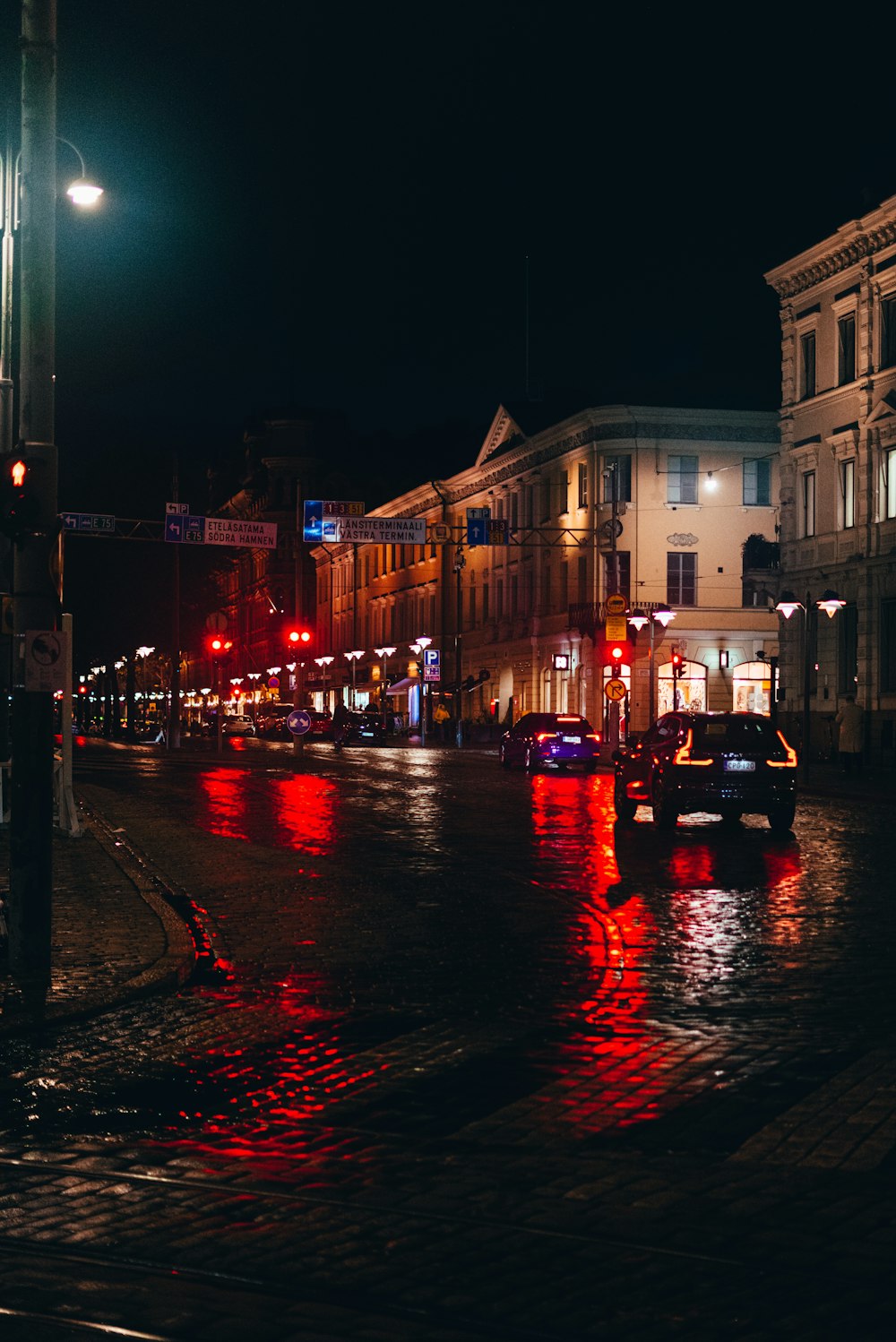 a wet street at night