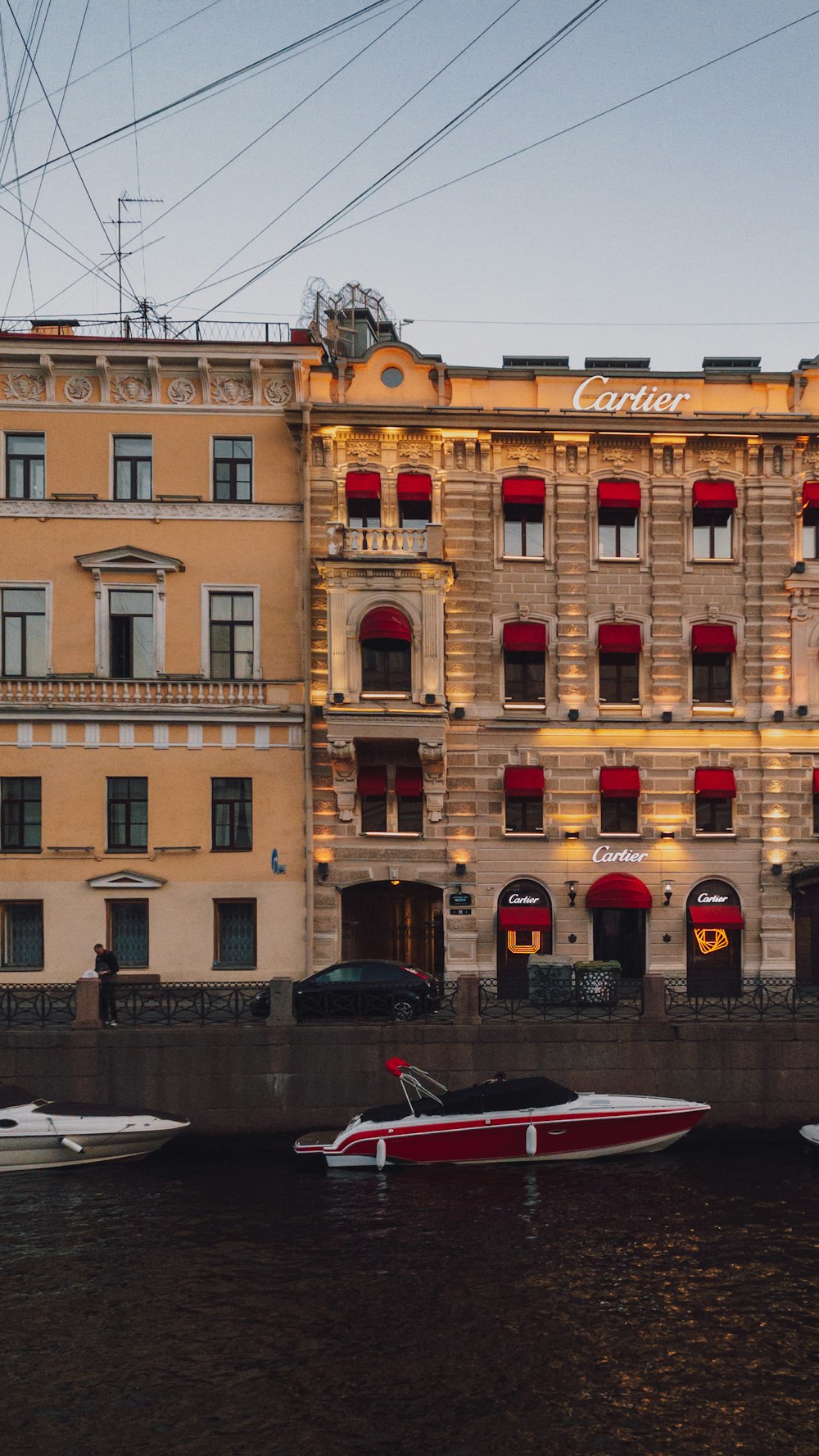 a boat in front of a building