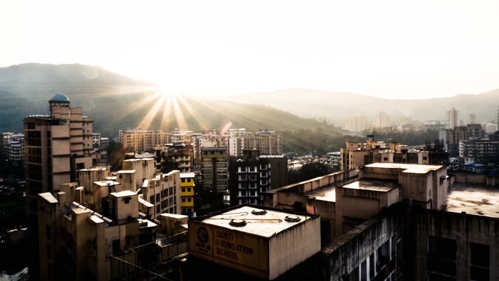 a city with a mountain in the background