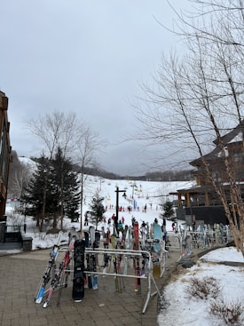 A busy ski resort scene with numerous people skiing and snowboarding on a snowy slope. In the foreground, ski and snowboard equipment is neatly placed on racks. The landscape features leafless trees and evergreen trees, along with several buildings and a chairlift system.