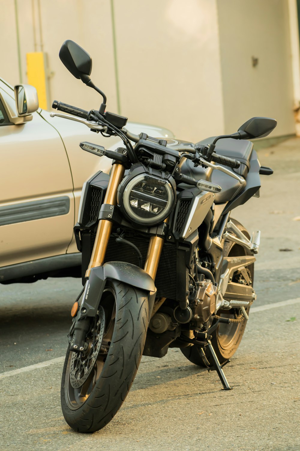 a motorcycle parked in front of a building