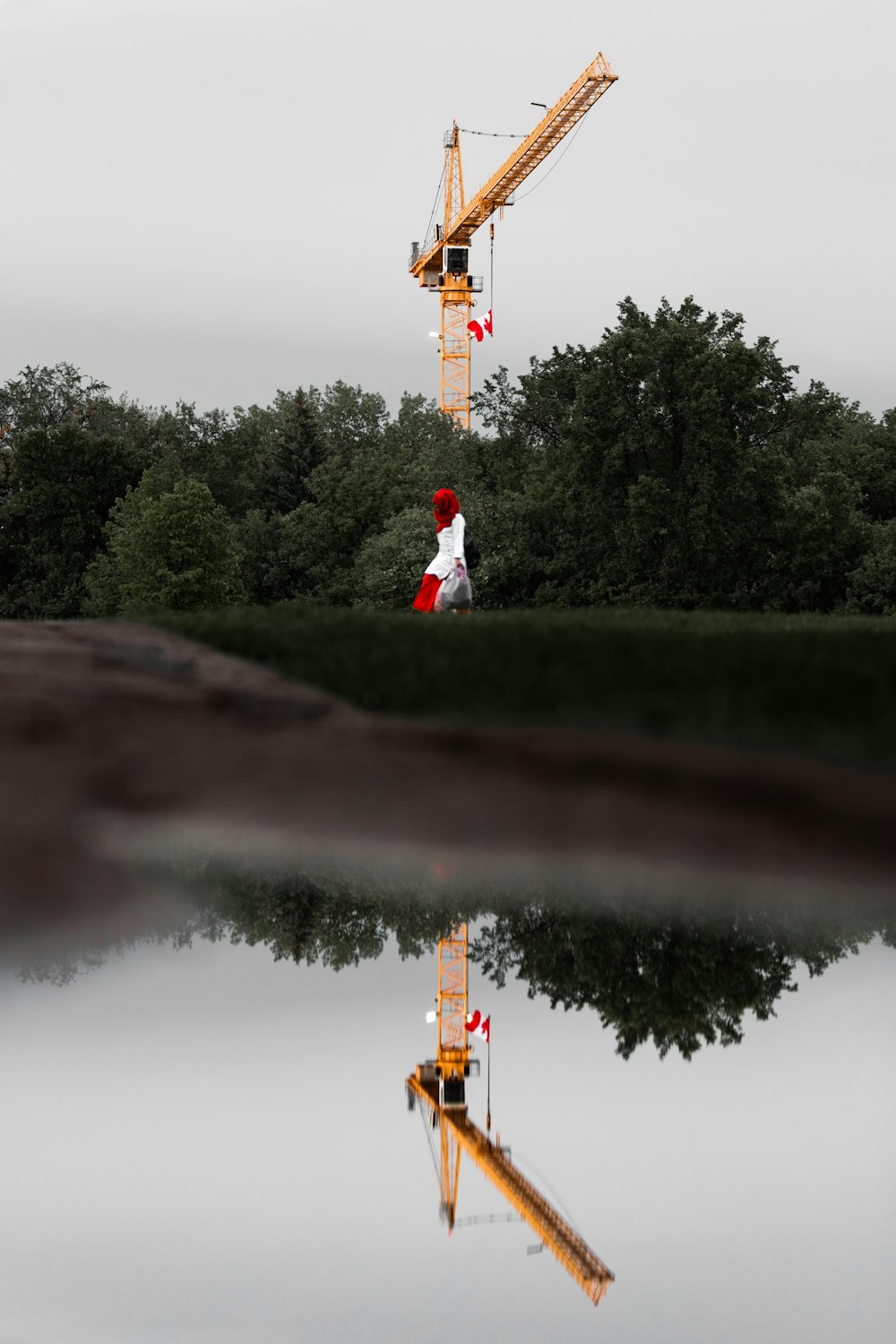 a person standing on a hill with a crane in the background