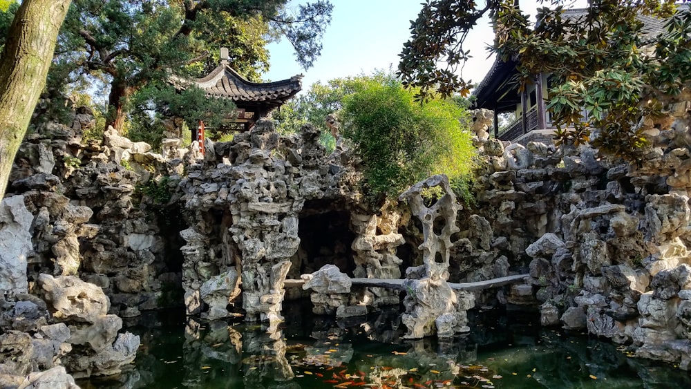 a small waterfall in a rocky area