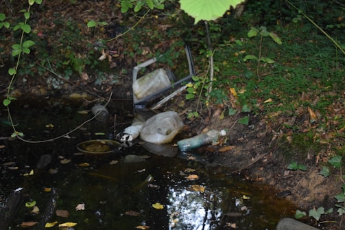 A small body of water in a forested area is littered with various items of debris, including a plastic chair, several plastic bottles, and other discarded objects. The surrounding ground is covered in green grass and fallen leaves from nearby trees, which are dense with foliage.