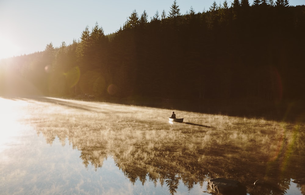 a person in a boat on a lake with trees in the background