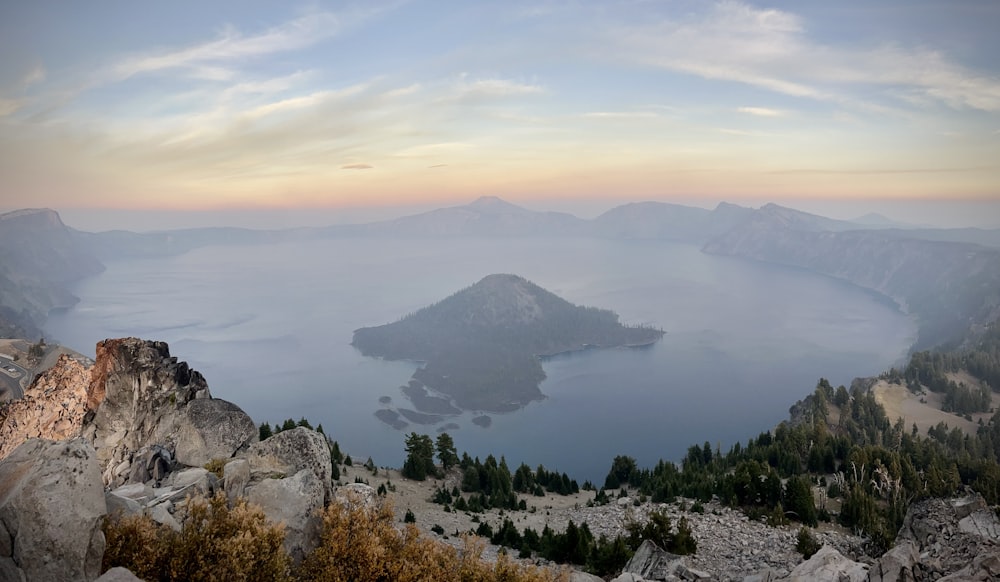 a view of a mountain range and a body of water