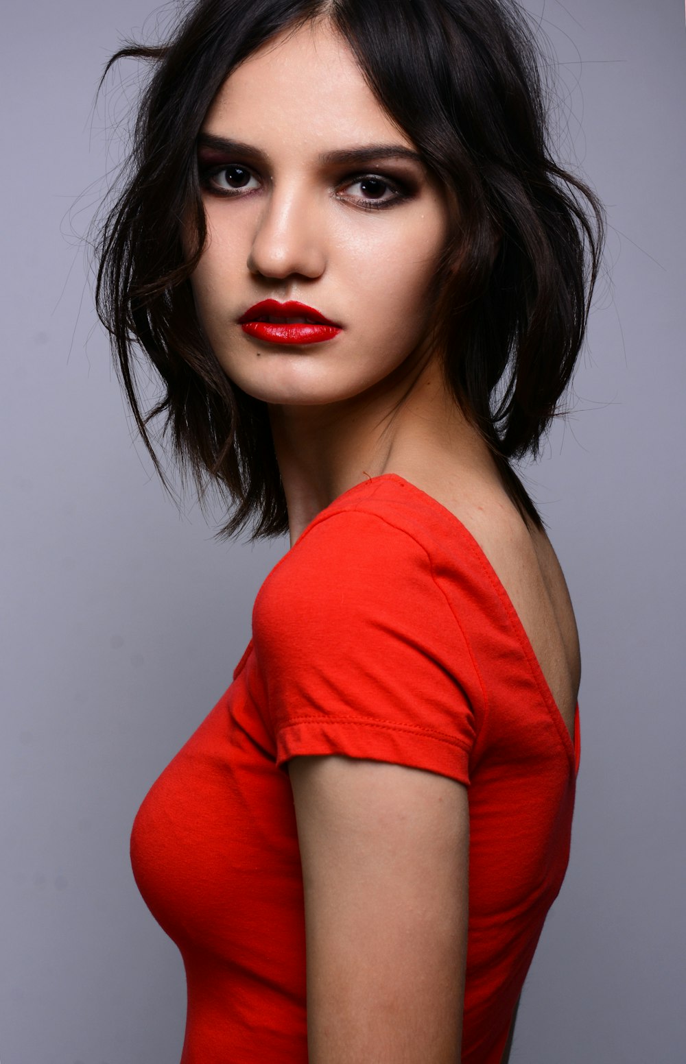 a woman in a red dress