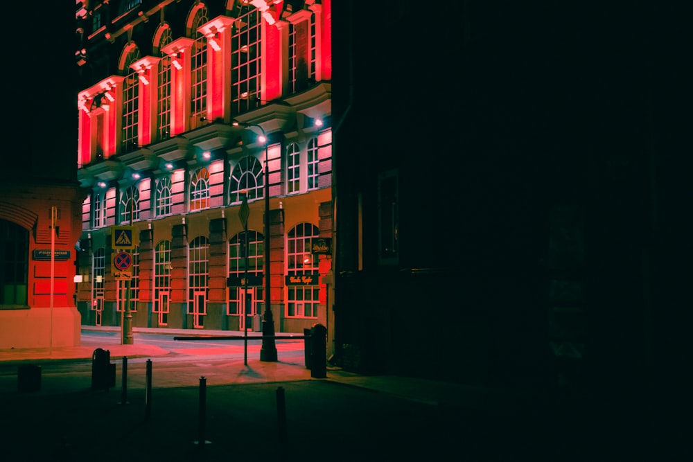 a building with lights on at night