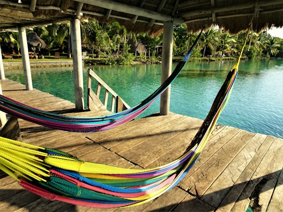 Colorful hammocks hang from a wooden structure over a tranquil body of turquoise water. Lush green palm trees and vegetation can be seen in the background, suggesting a tropical setting.