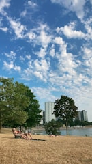 A serene park area in an urban setting with people relaxing.