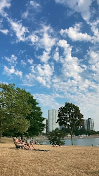 A serene park area in an urban setting with people relaxing.