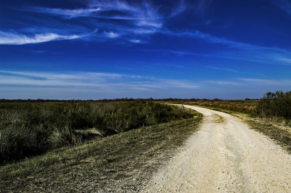 a dirt road in a field