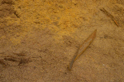 Close-up of layered textures combining sawdust and paint in a mixed media piece.