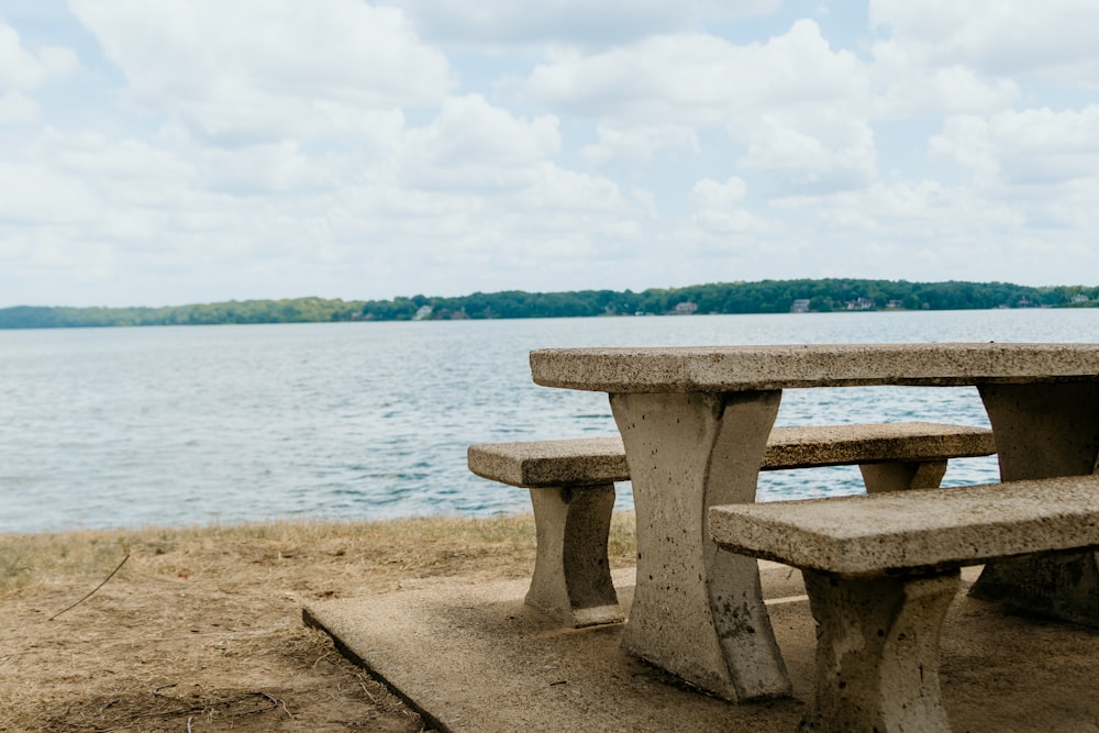a bench sits by the water