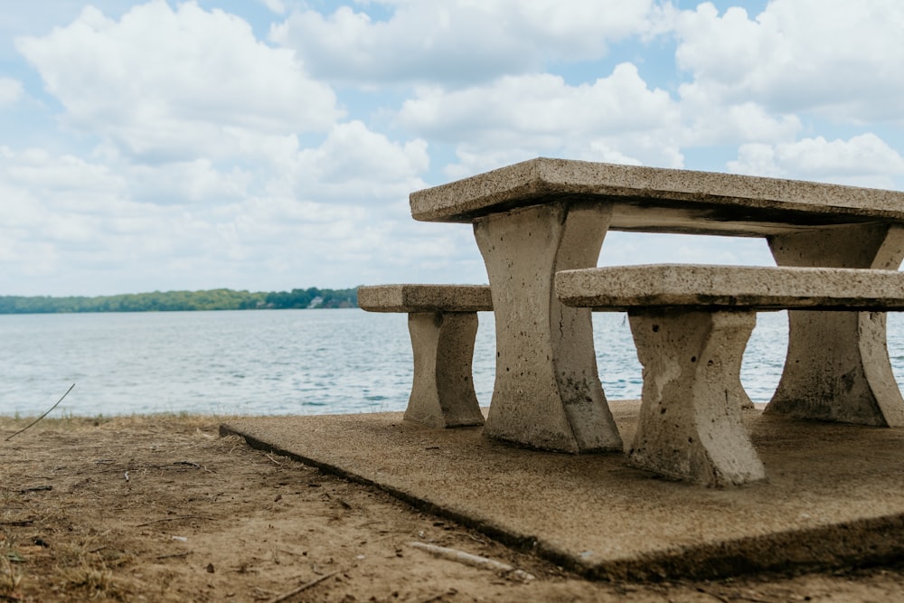 a bench sits by the water